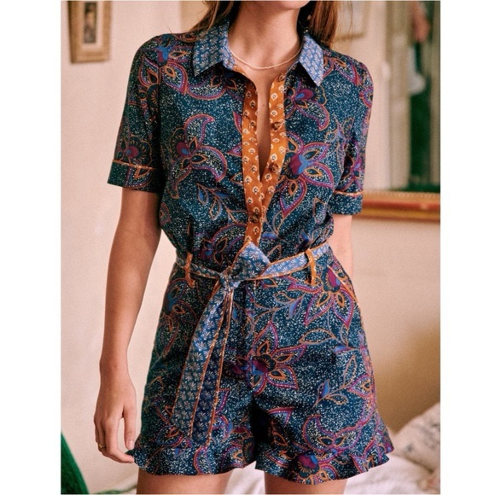 Sezane Navy Paisley Short Sleeve Romper with Mustard Trim